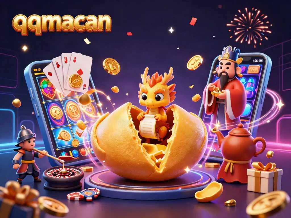 Spin the reels with qqmacan's vibrant slots, featuring a golden fortune cookie and mystical dragon.
